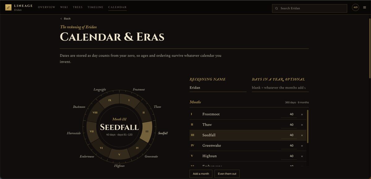 Lineage custom calendar builder with named months and eras